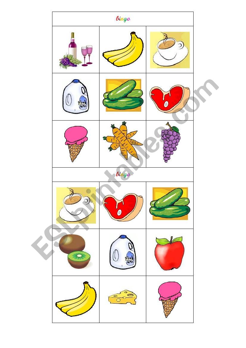 Food Bingo Game Cards worksheet