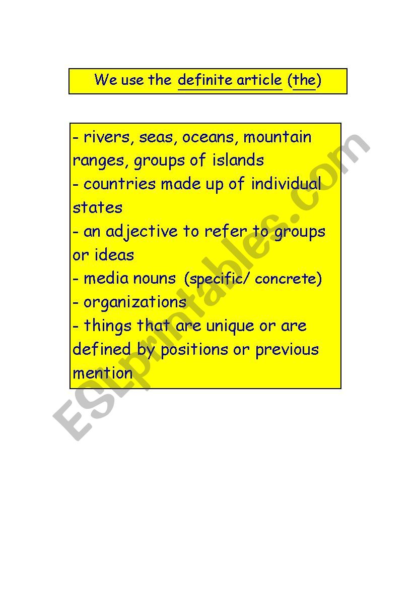 Use of the definite article worksheet