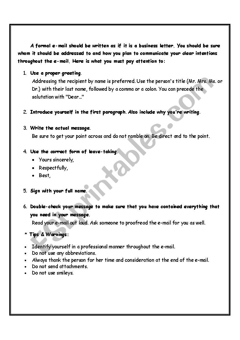 Writing a formal email worksheet