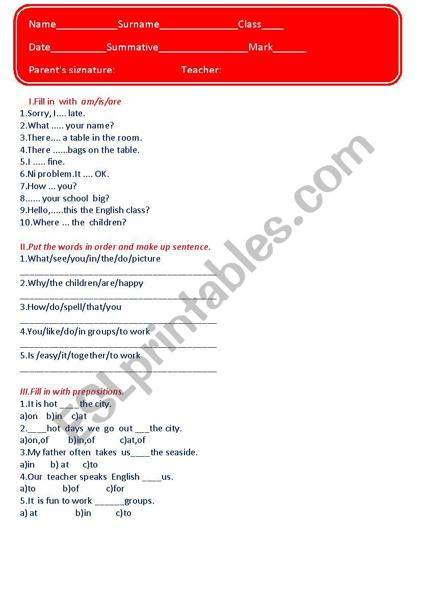 test worksheet