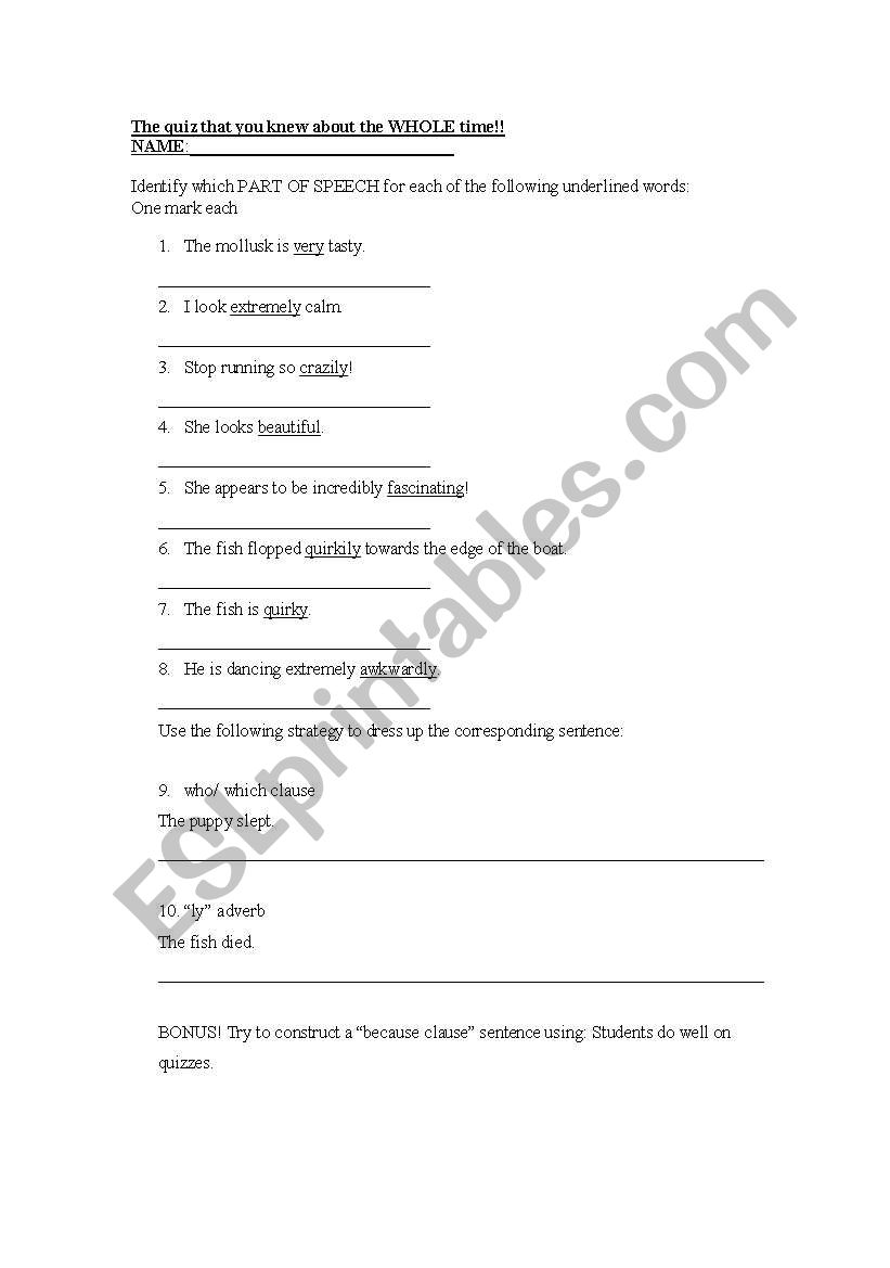 Adverb Adjective Quiz worksheet