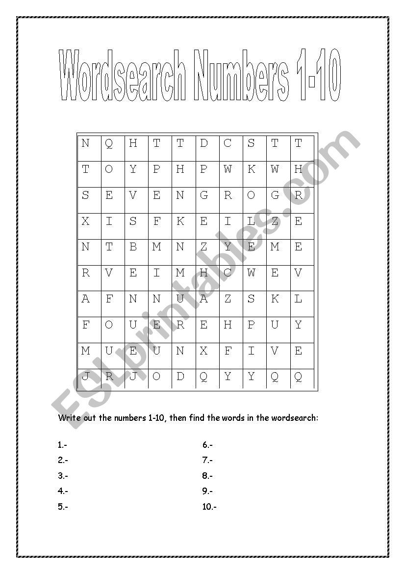 Wordsearch Numbers 1-10 worksheet