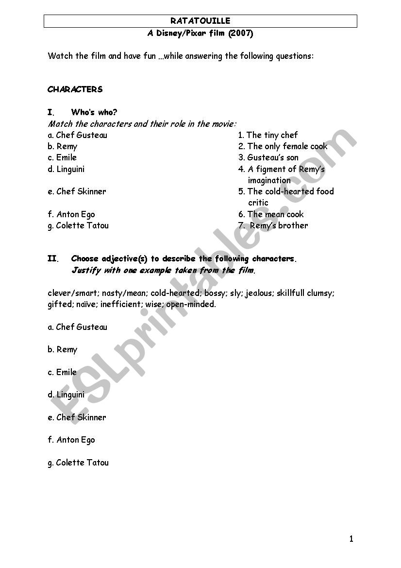 RATATOUILLE FILM WORKSHEET worksheet