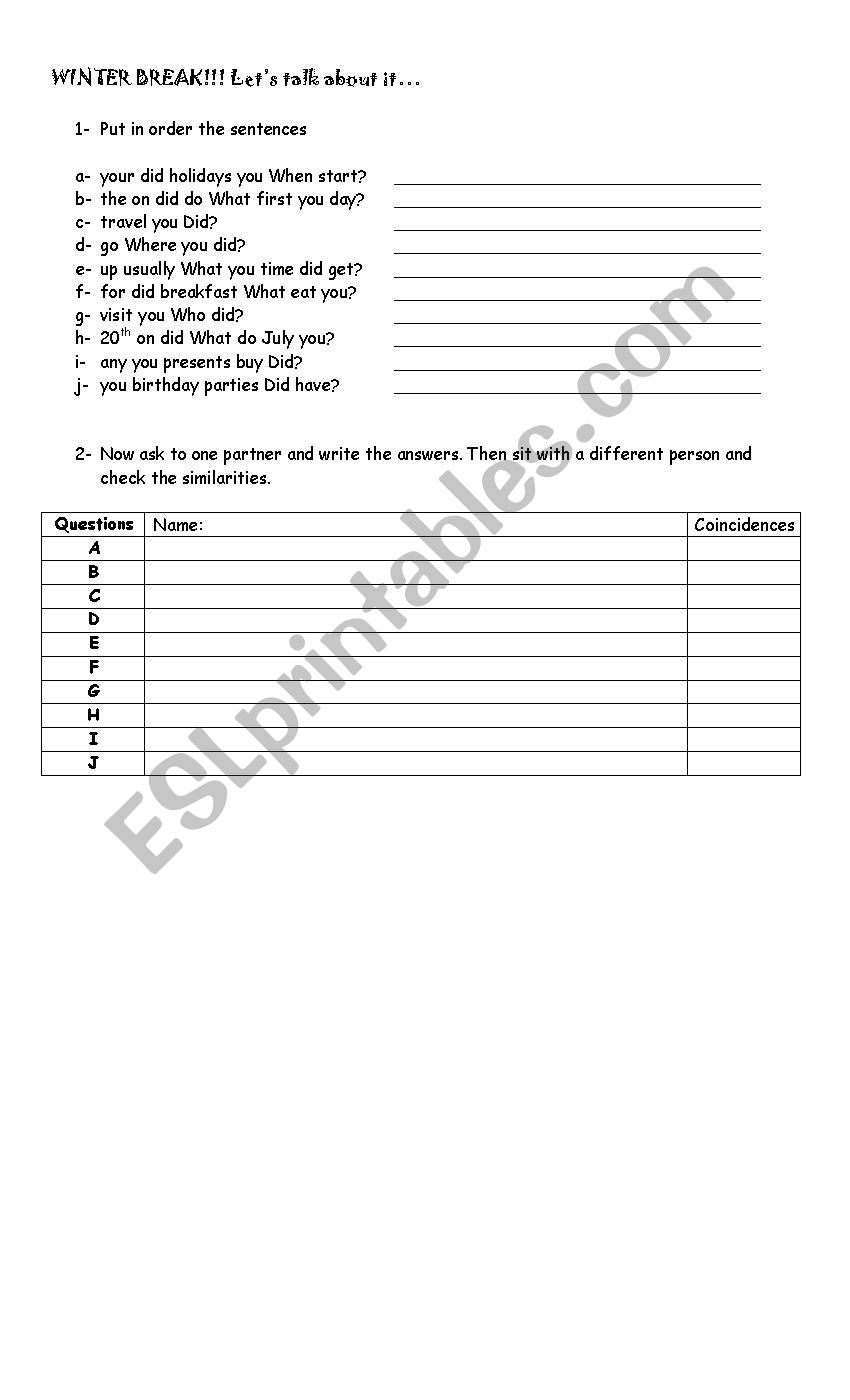 Winter Break worksheet