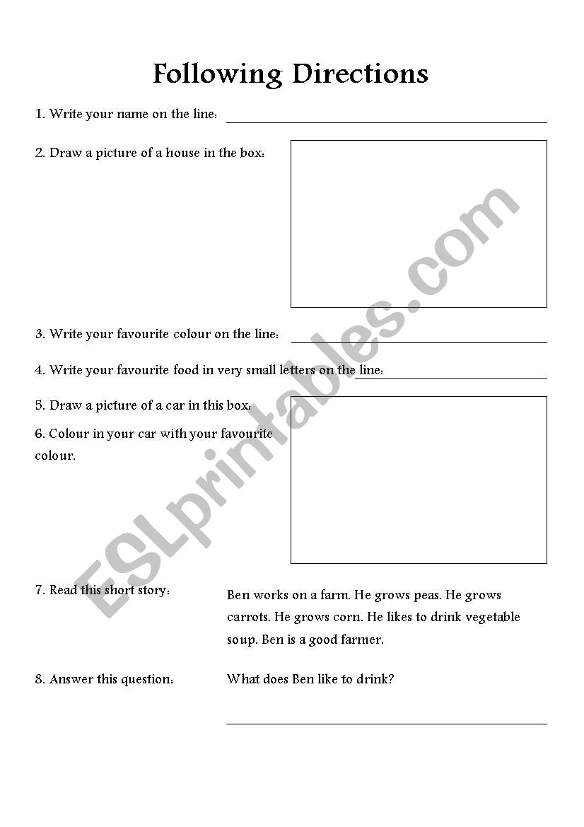 Following Directions worksheet