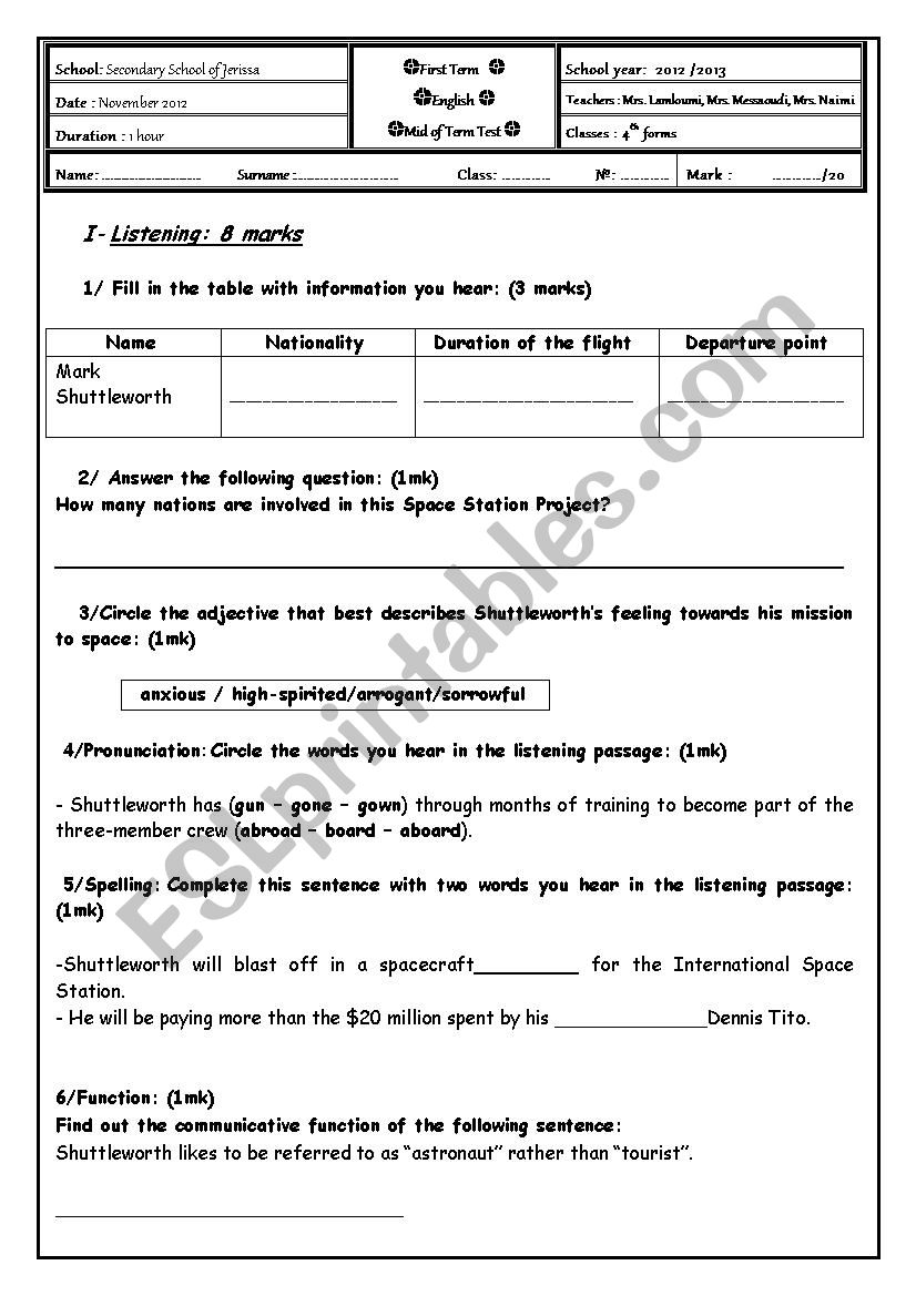 First term listening test worksheet