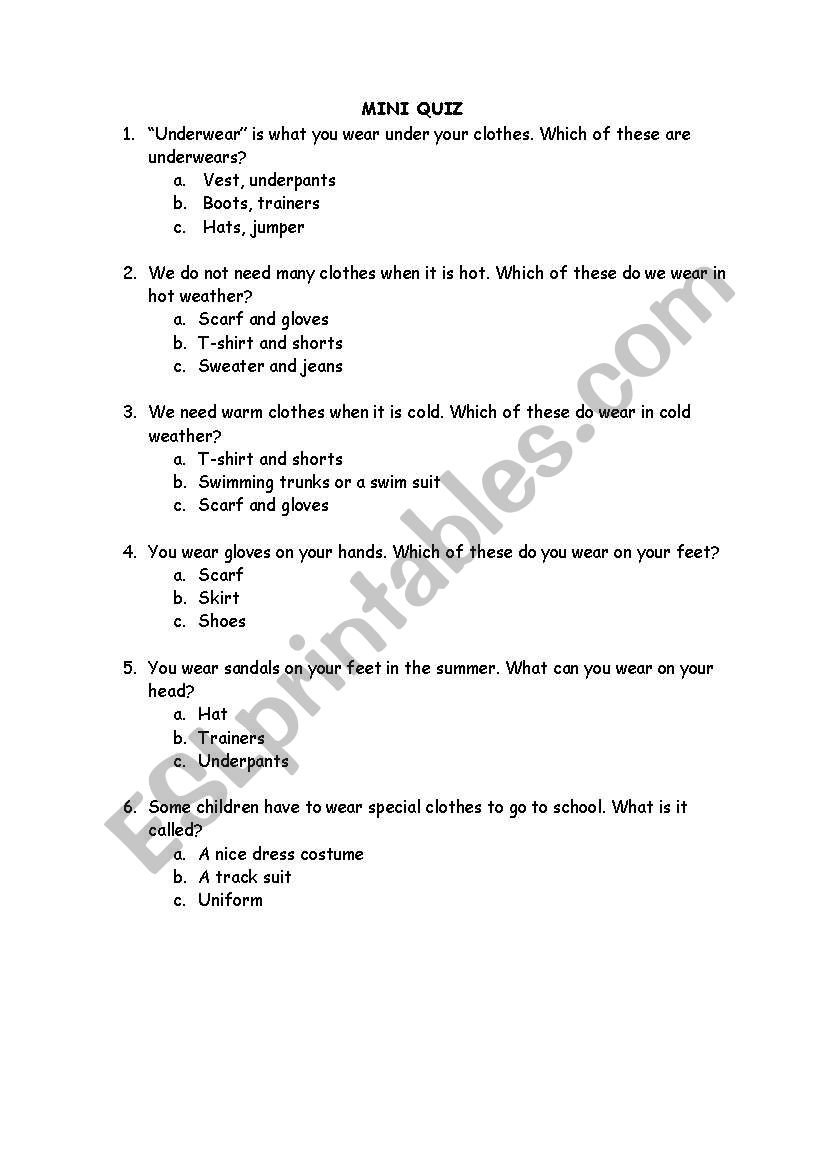 Clothes-Mini Quiz worksheet