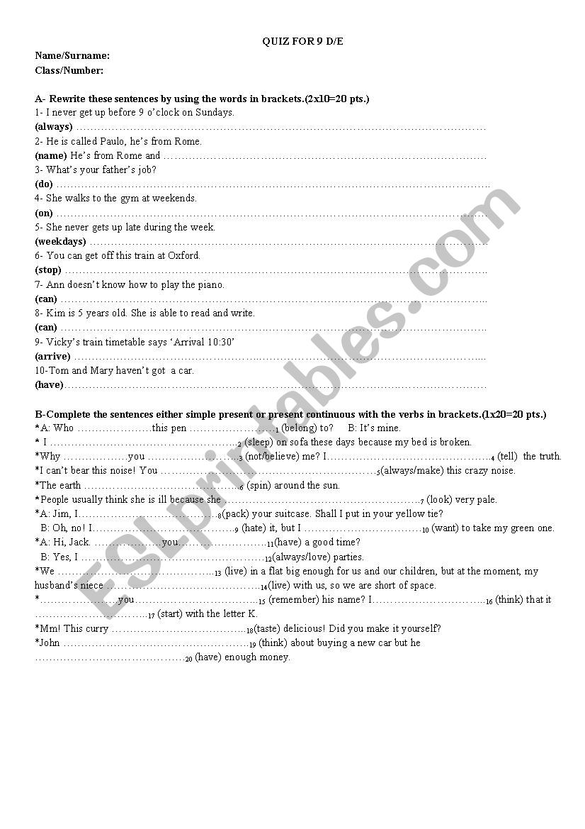 Quiz for 9th grade worksheet