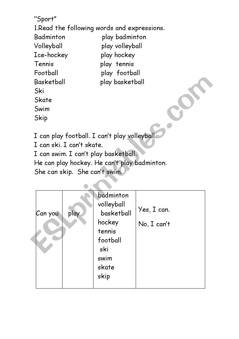 Sport worksheet