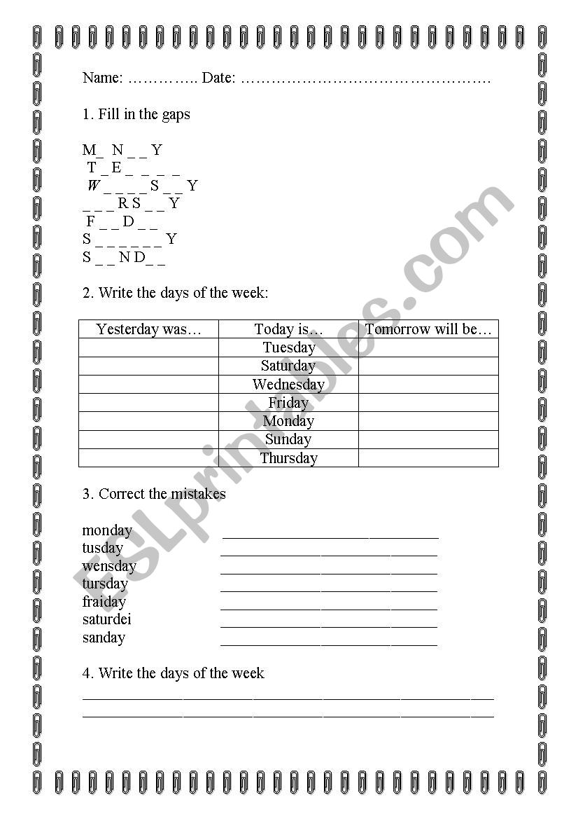 Days of the week worksheet