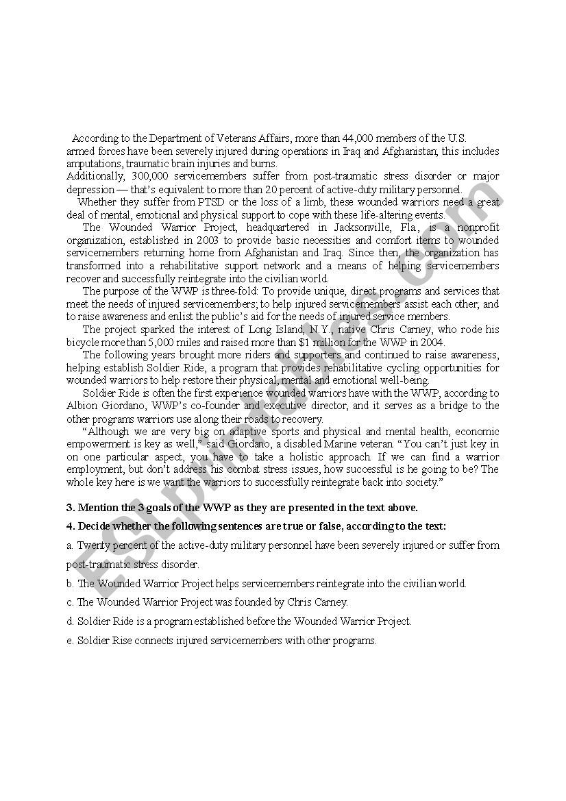The Wounded Warrior Program worksheet