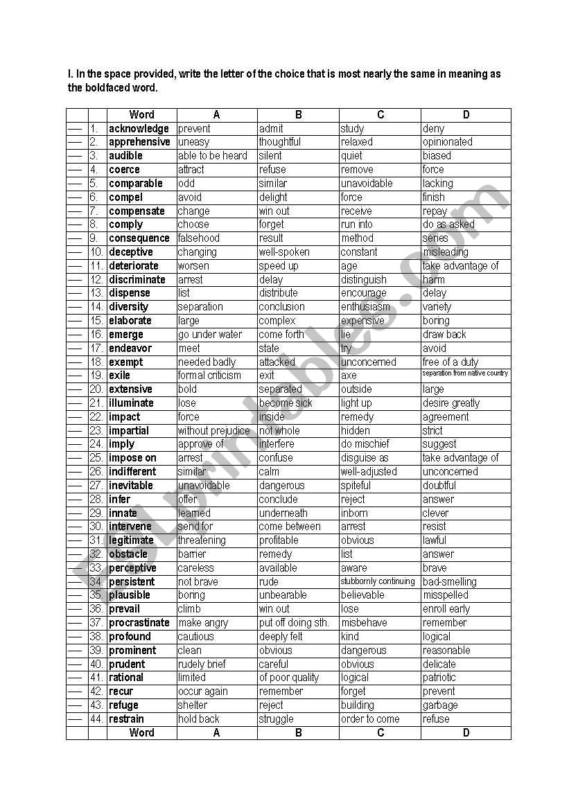 Vocabulary exercises worksheet