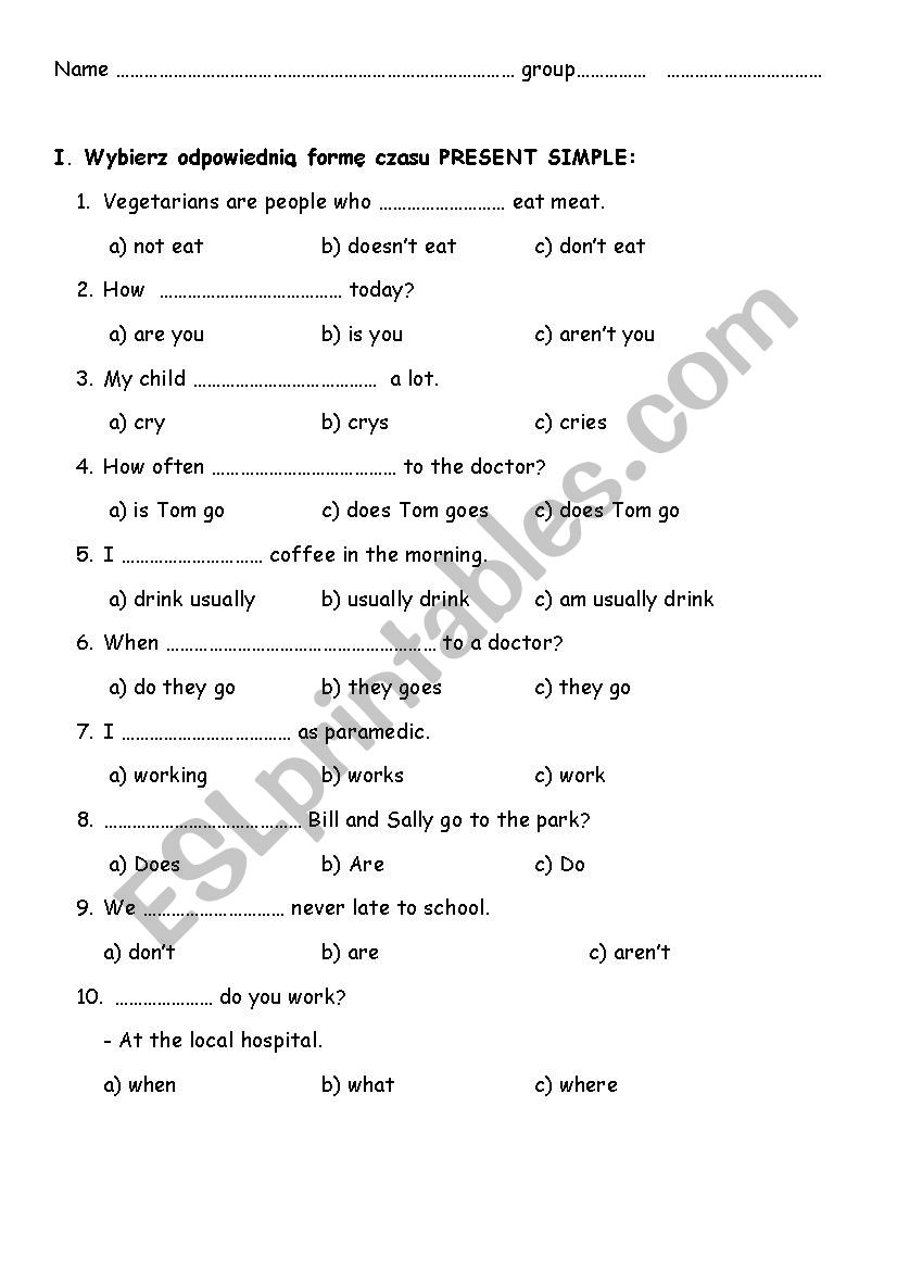 Present Simple quick test worksheet