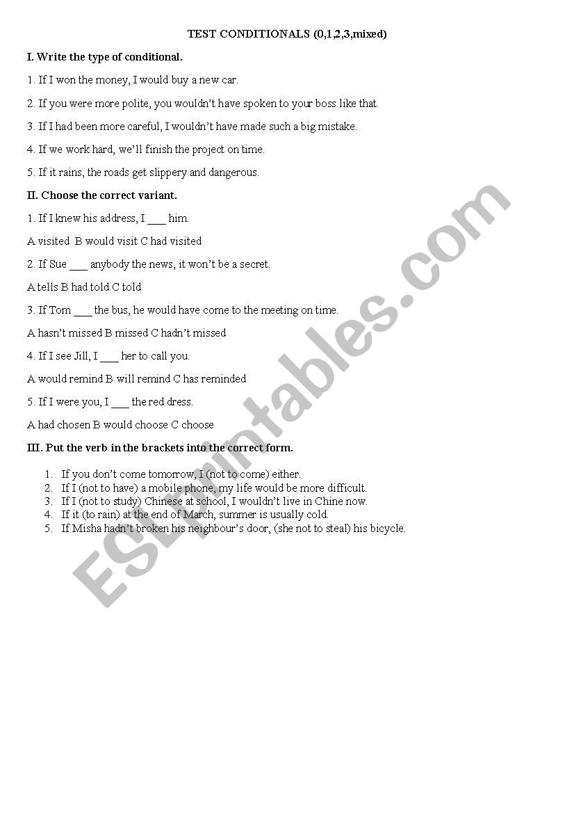 Test Conditionals worksheet