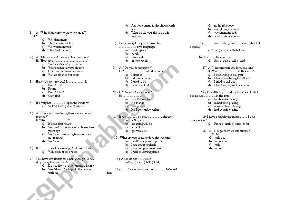 A general test worksheet