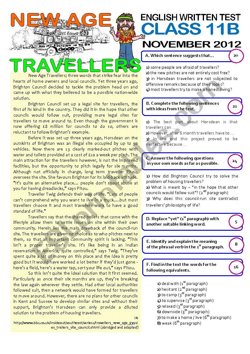 2page TEST (11 grade) NEW AGE TRAVELLERS (key included)