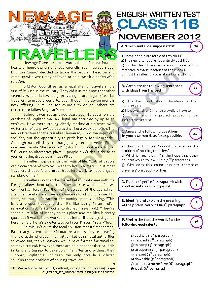 2page TEST (11 grade) NEW AGE TRAVELLERS (key included)