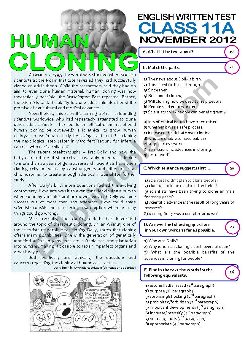 2page TEST (11 grade) HUMAN CLONING (key included)