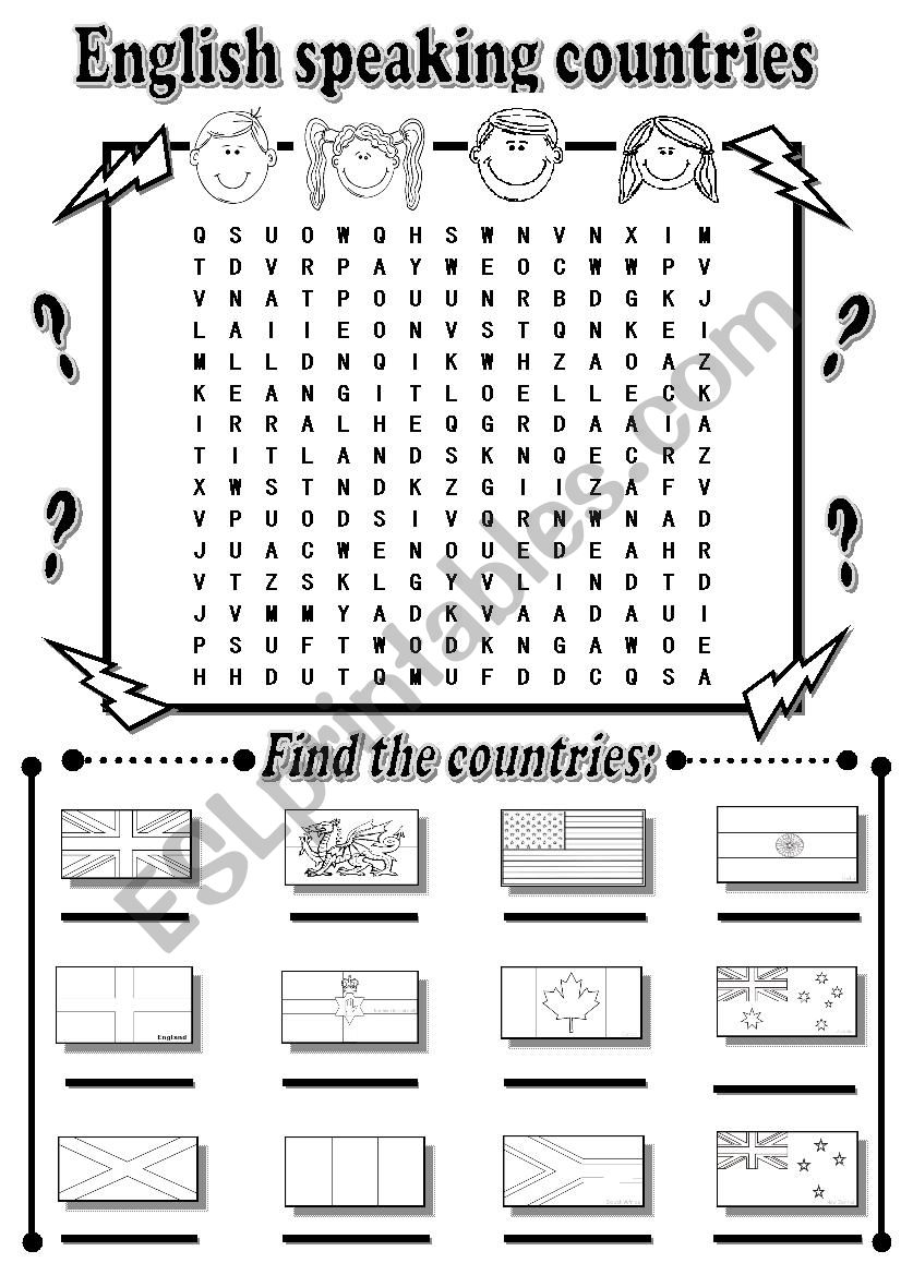 English Speaking Countries Wordsearch