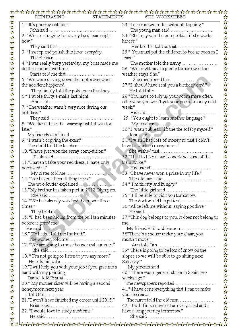 Rephrasing      Reported Speech ( statements)   6th.worksheet