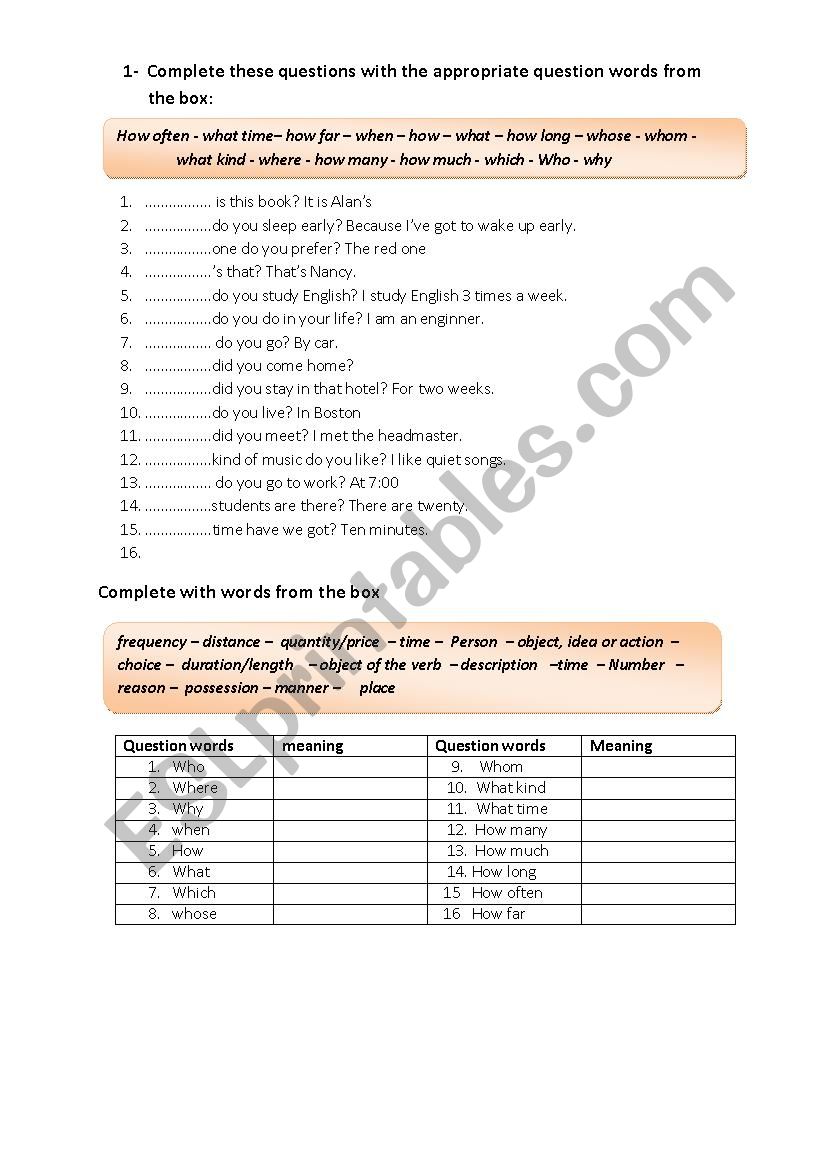 Wh-Questions Task worksheet
