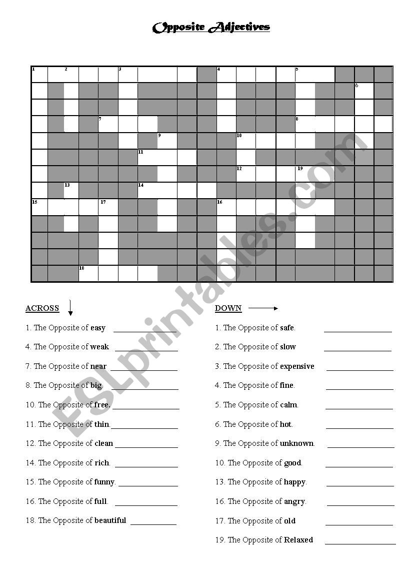 Opposite Adjectives Crossword Puzzle Elem