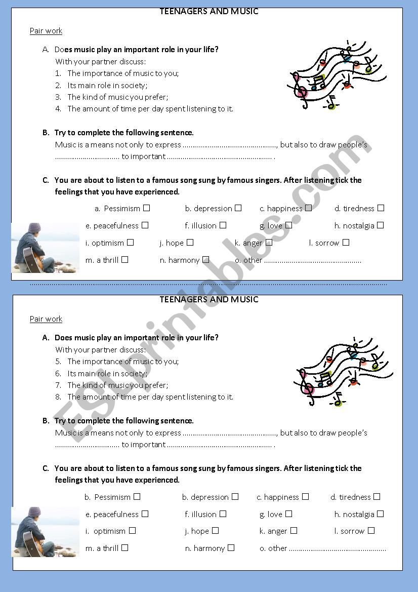 Teenagers and music worksheet