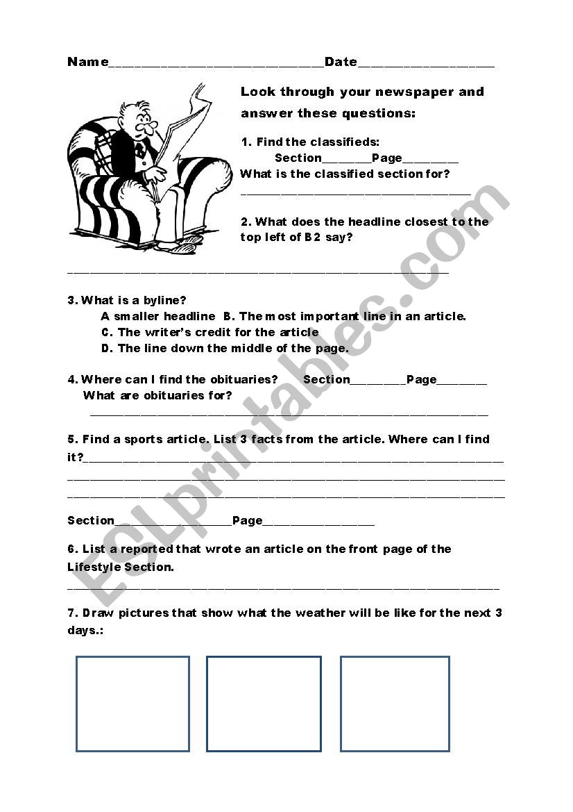 Newspaper Knowledge Quiz worksheet