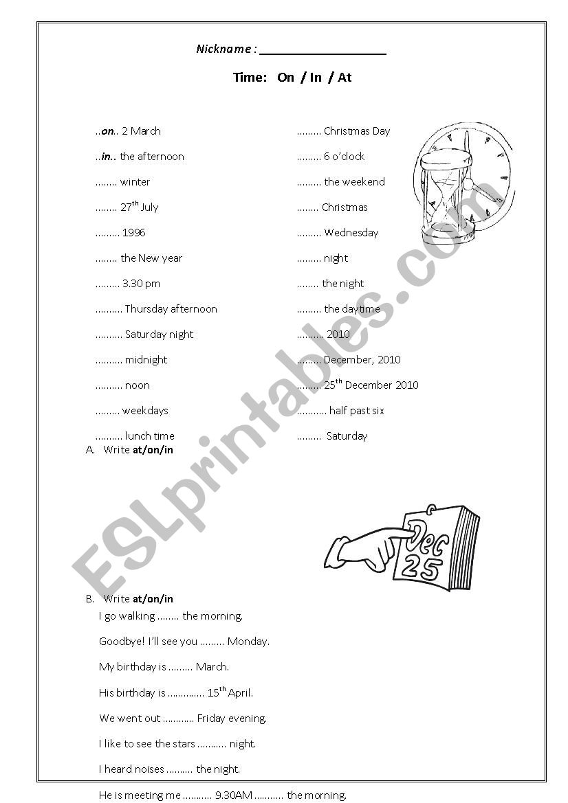 Prepositions of Tiime worksheet