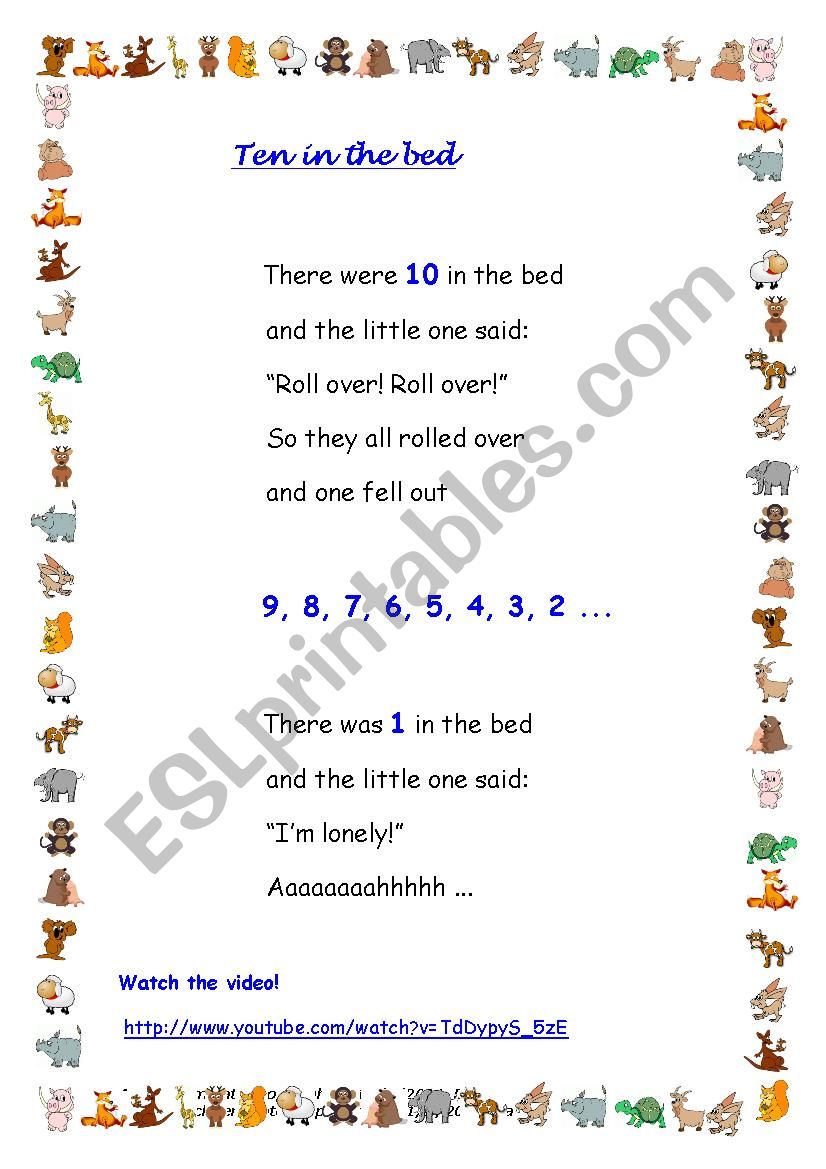 Ten in the bed song worksheet