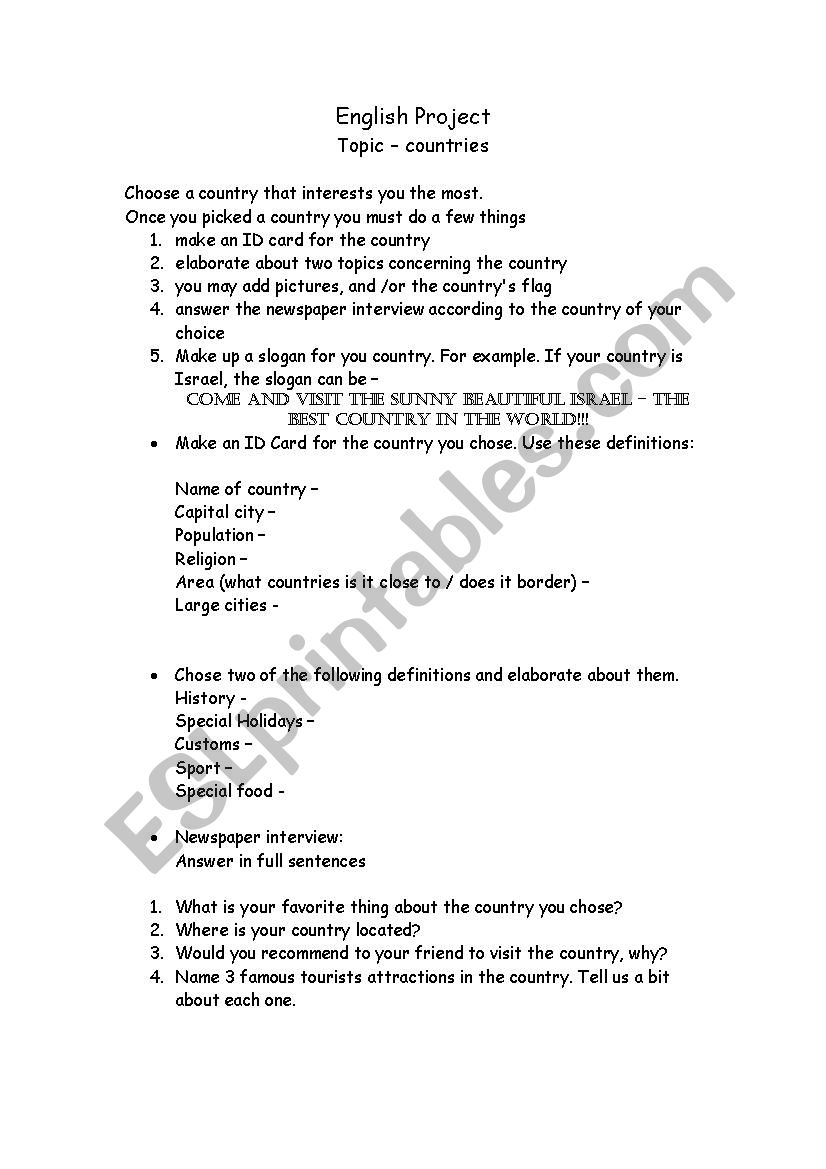 A project about countries worksheet