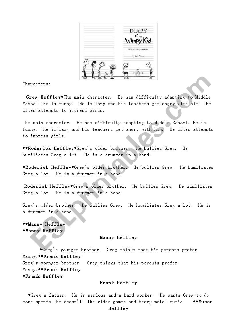 Diary of a Wimpy Kid worksheet