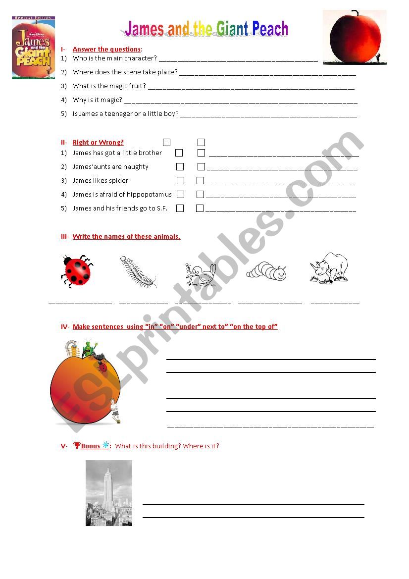 JAMES and the GIANT PEACH worksheet