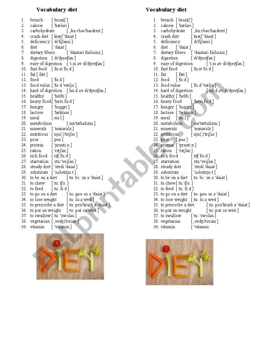 vocabuary diet worksheet