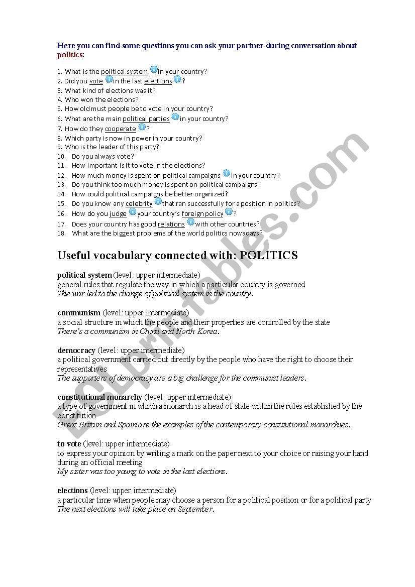 Politics discussion worksheet