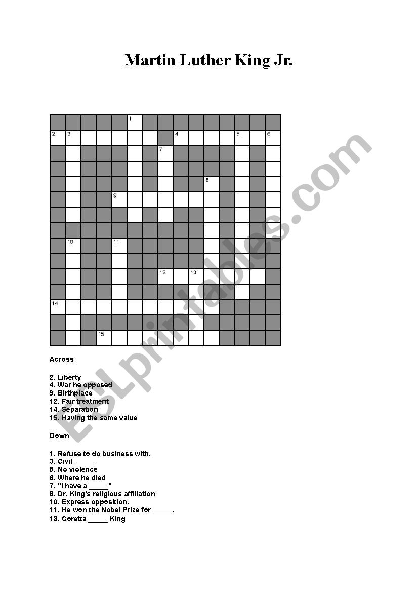 Martin Luther King crossword worksheet