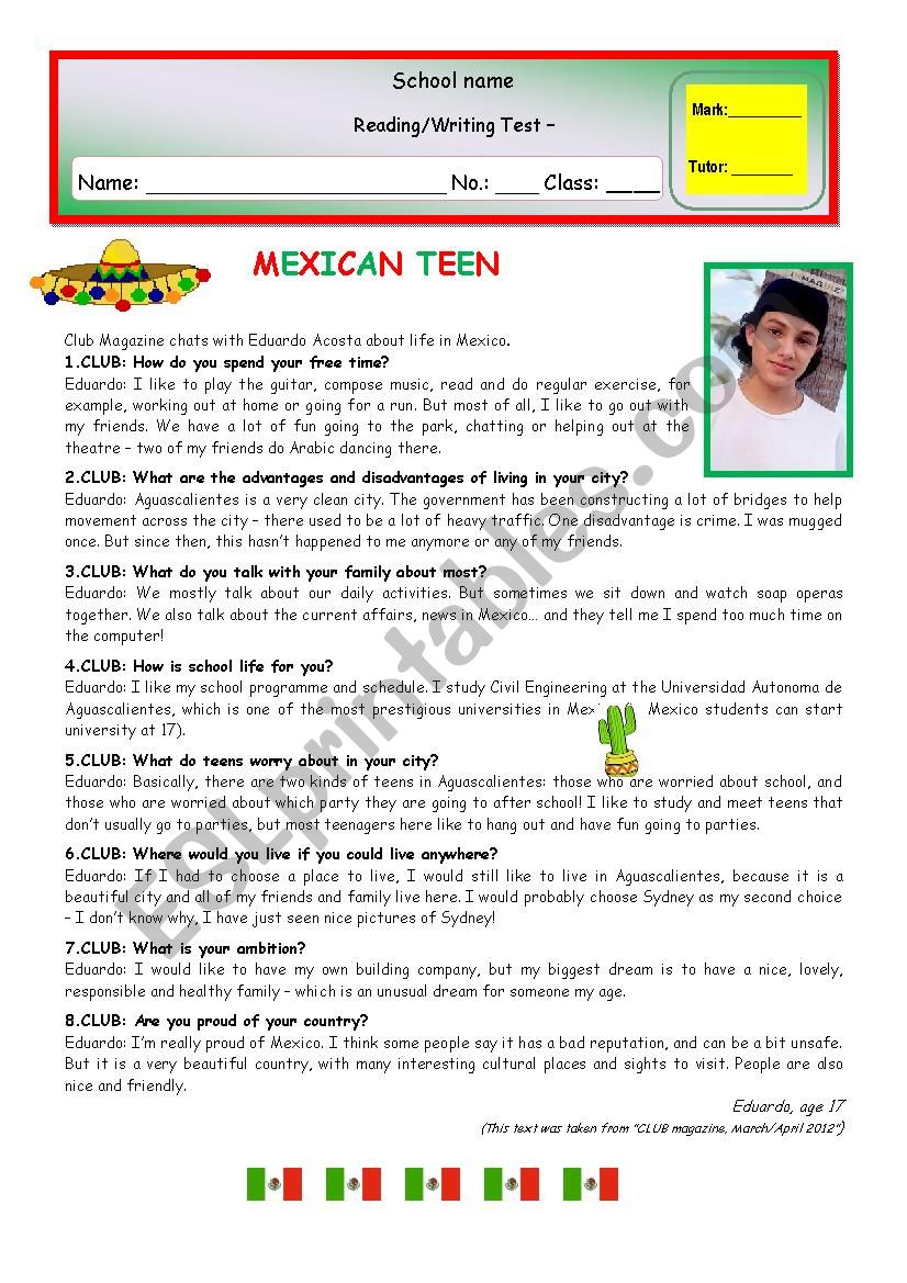 Test - M5- Mexican Teen worksheet