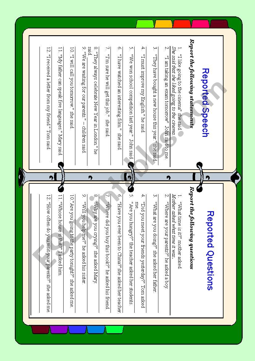 Reported Speech and Questions worksheet