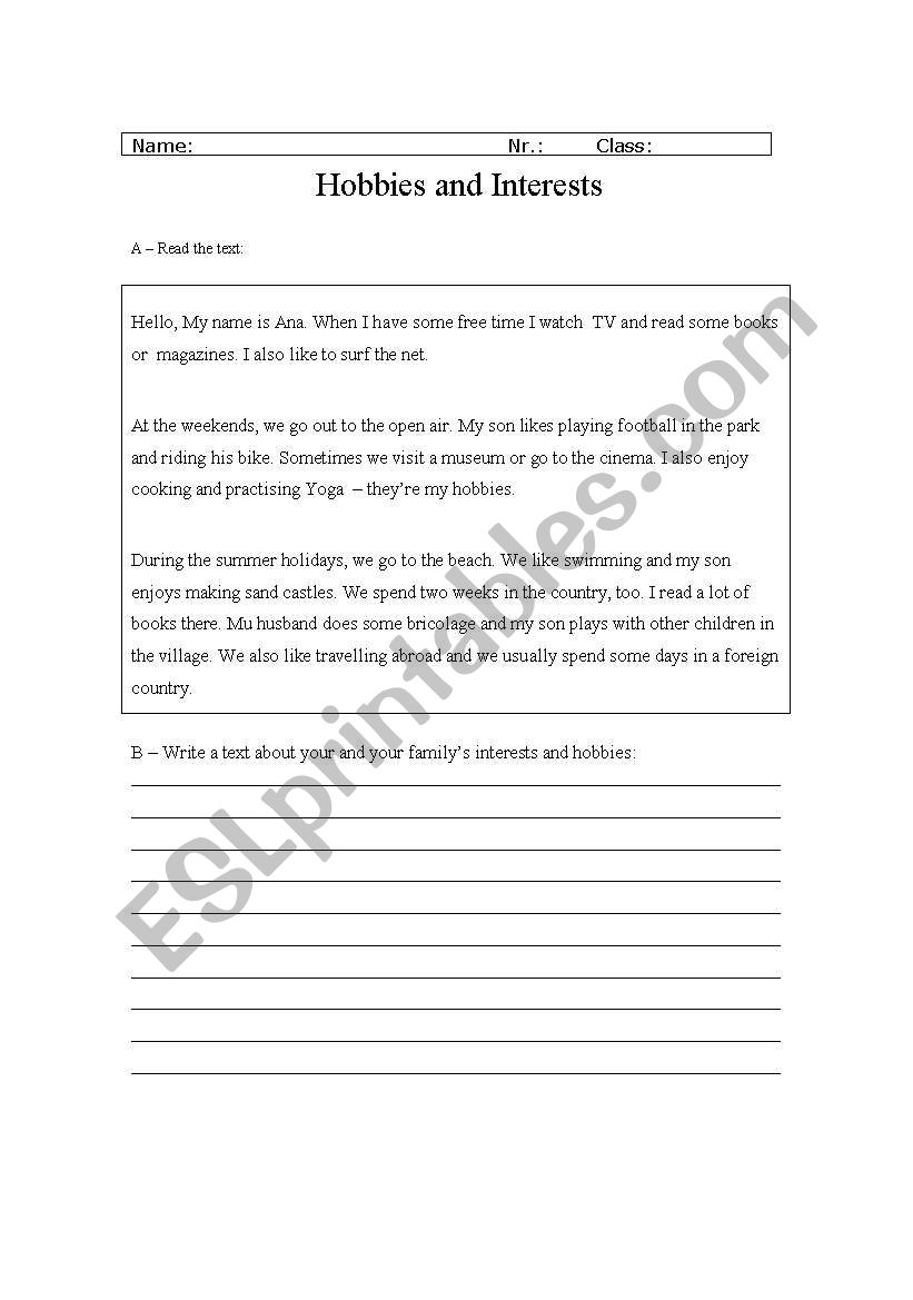 Hobbies and Interests worksheet