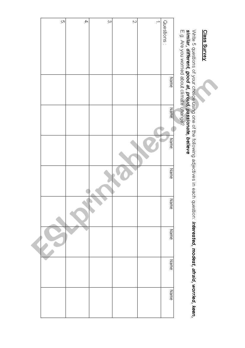 Class Survey using adjectives worksheet