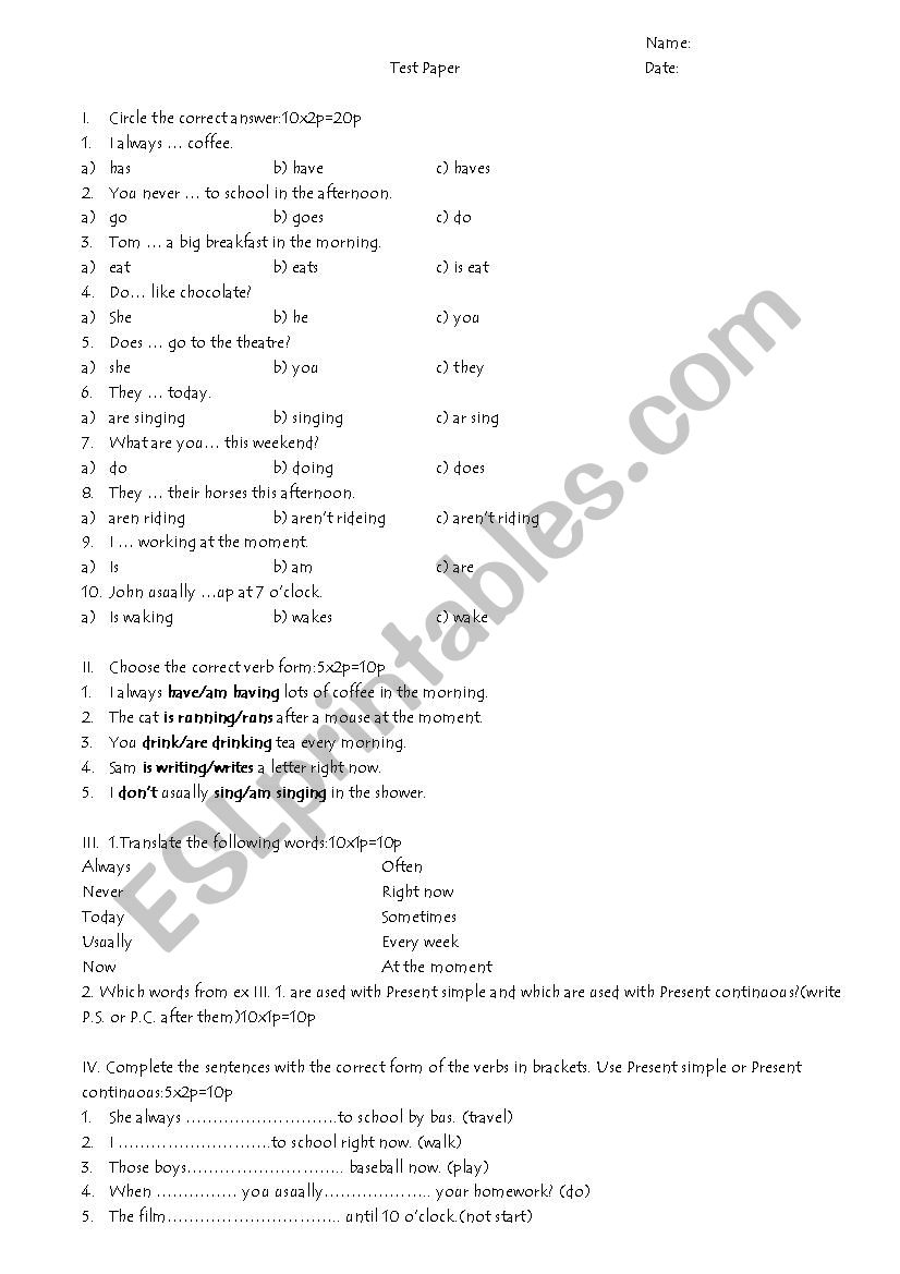 Present simple and continuous test