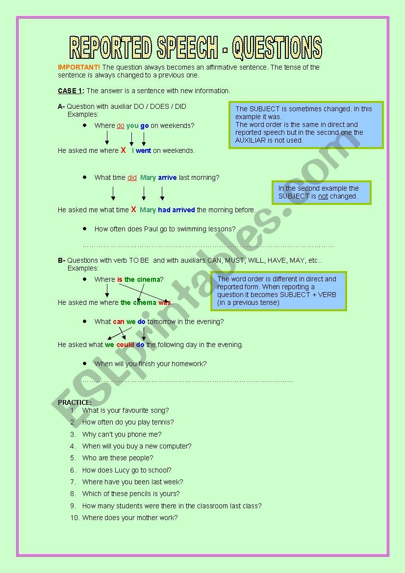 reported speech worksheet