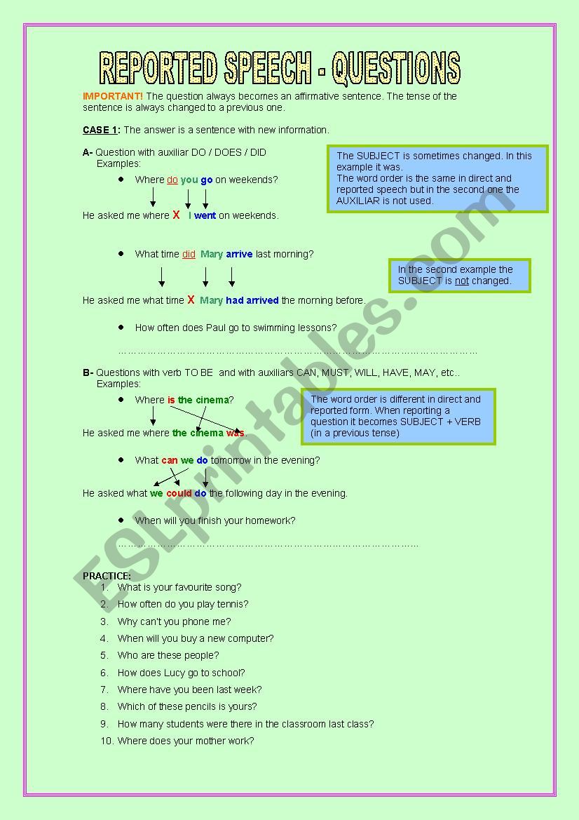 reported speech worksheet