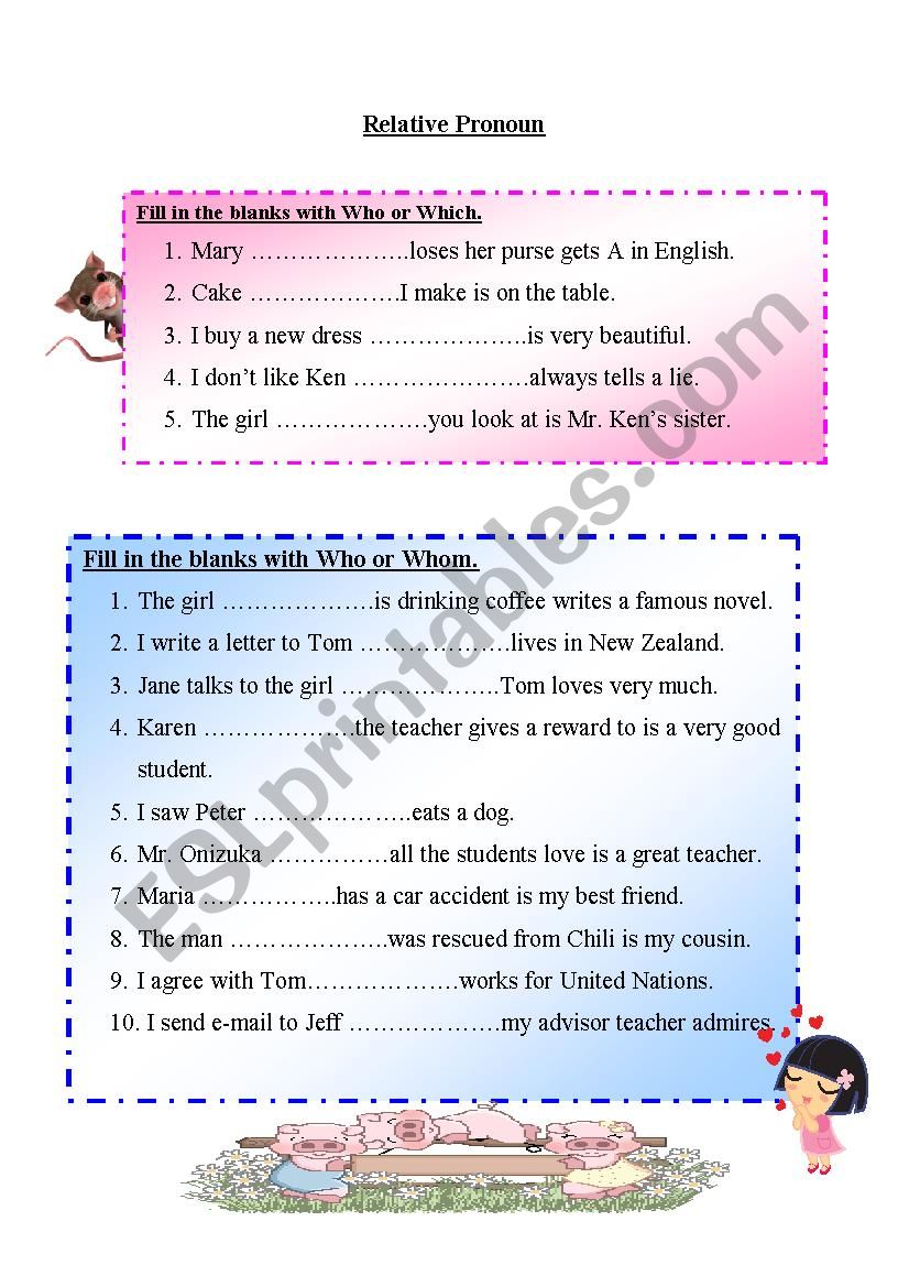 relative pronoun worksheet