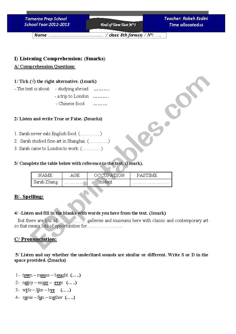 Mid-term test n°1/ 8th form worksheet Mid-term test n°1/ 8th form worksheet