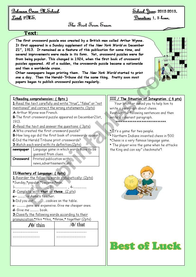 the first term Exam worksheet