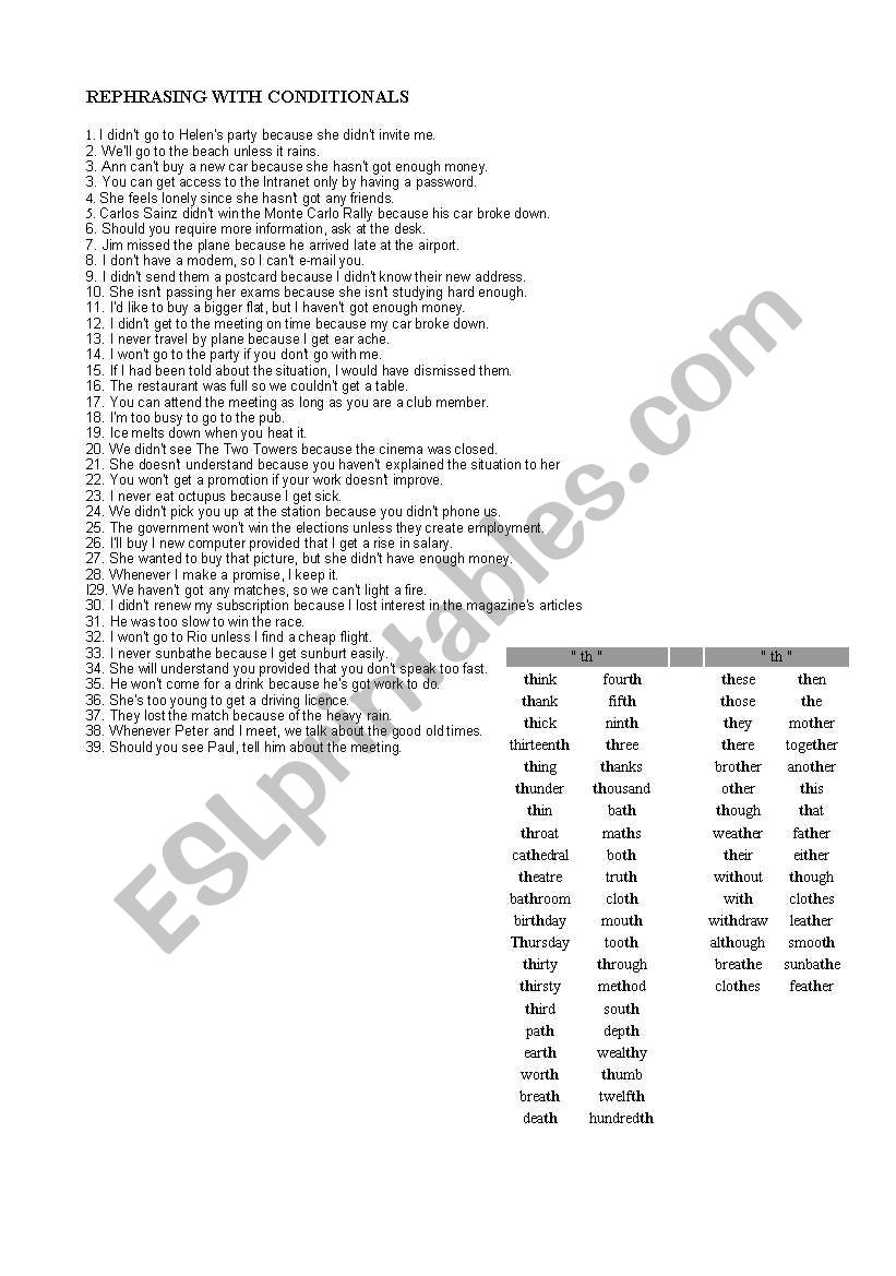 Rephrasing with conditionals worksheet