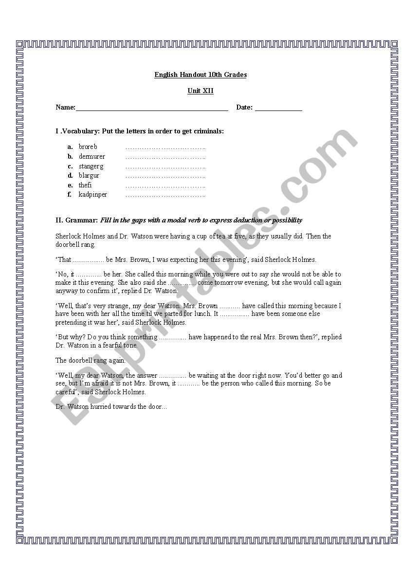 Test on Crime worksheet