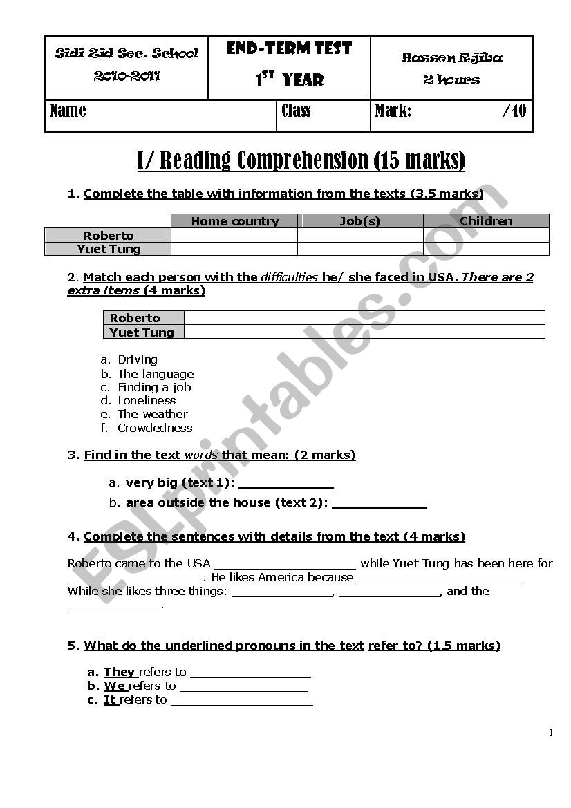 End term 1 First form worksheet