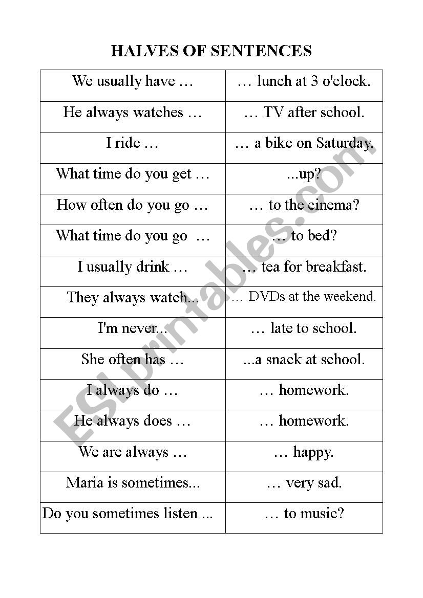 Halves of sentences worksheet